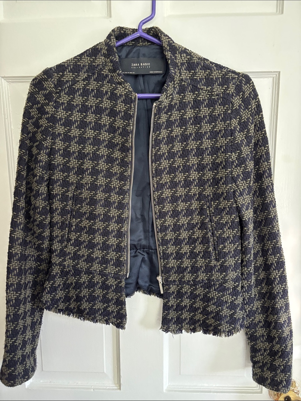 Zara Checked Navy and Olive Collarless Zip Blazer